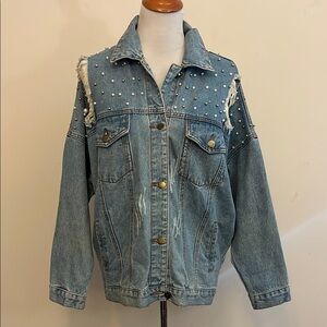 Salt Distressed Denim Jacket with Pearl and Silver Bead Accents Size ML